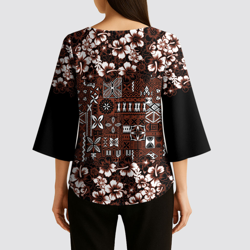 Burgundy Hawaiian Tapa Tribal Hibiscus Kimono Sleeve Blouse