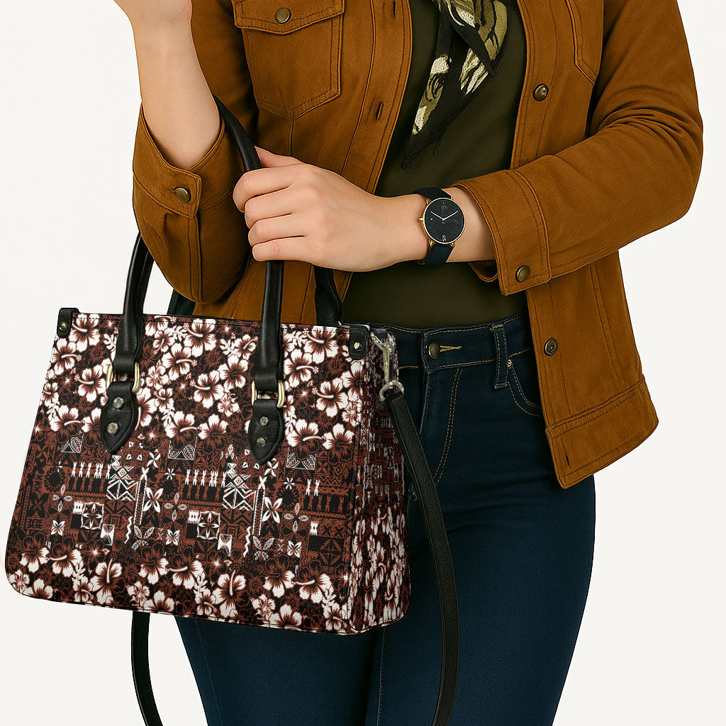 Burgundy Hawaiian Tapa Tribal Hibiscus Leather Bag