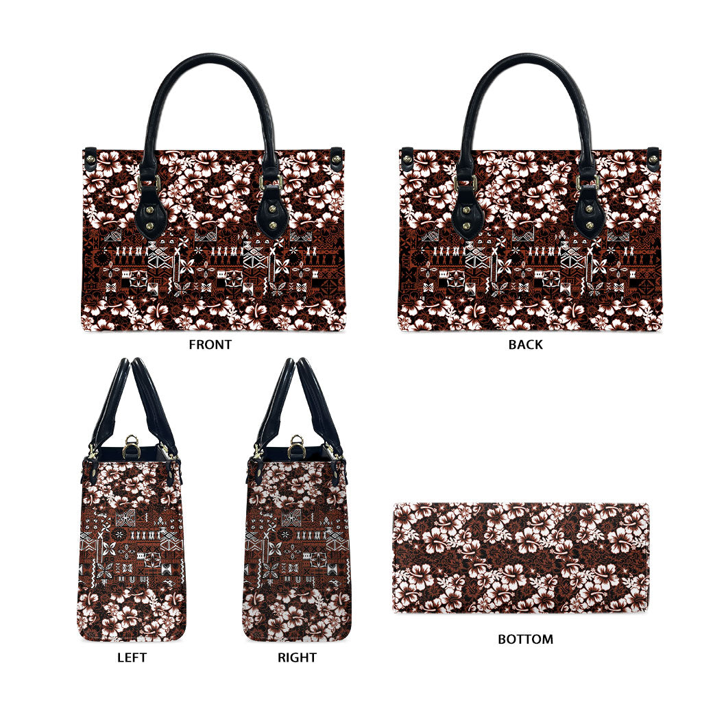Burgundy Hawaiian Tapa Tribal Hibiscus Leather Bag