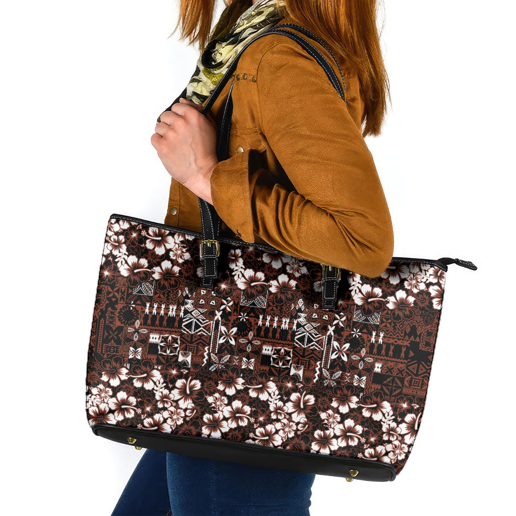 Burgundy Hawaiian Tapa Tribal Hibiscus Leather Tote Bag