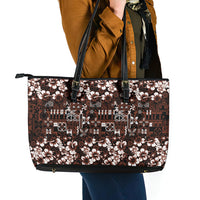 Burgundy Hawaiian Tapa Tribal Hibiscus Leather Tote Bag