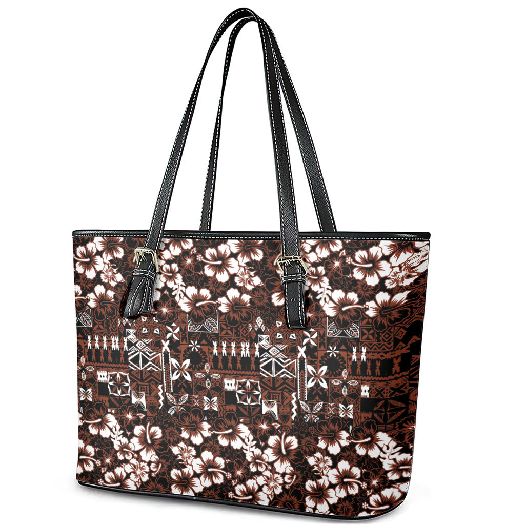 Burgundy Hawaiian Tapa Tribal Hibiscus Leather Tote Bag