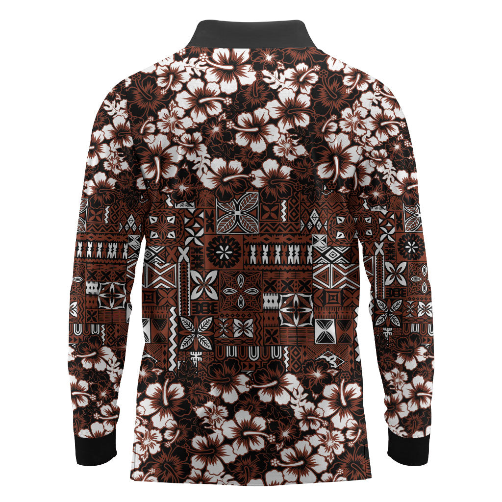 Burgundy Hawaiian Tapa Tribal Hibiscus Long Sleeve Polo Shirt