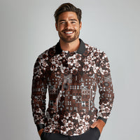 Burgundy Hawaiian Tapa Tribal Hibiscus Long Sleeve Polo Shirt