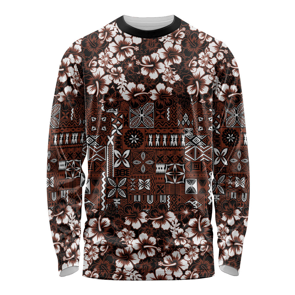 Burgundy Hawaiian Tapa Tribal Hibiscus Long Sleeve Shirt