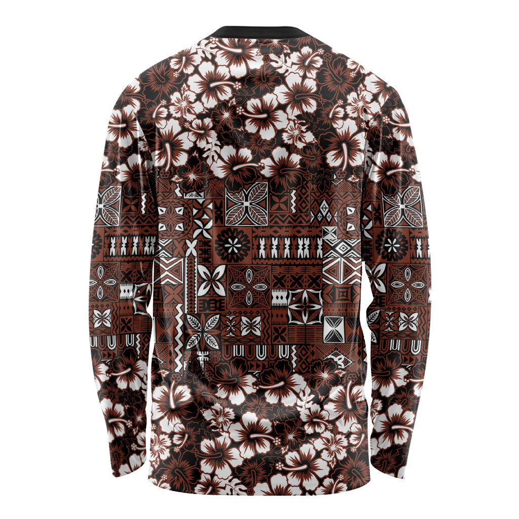 Burgundy Hawaiian Tapa Tribal Hibiscus Long Sleeve Shirt