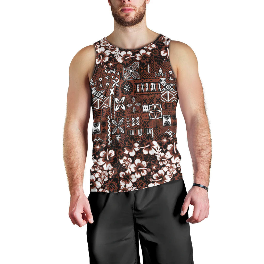 Burgundy Hawaiian Tapa Tribal Hibiscus Men Tank Top