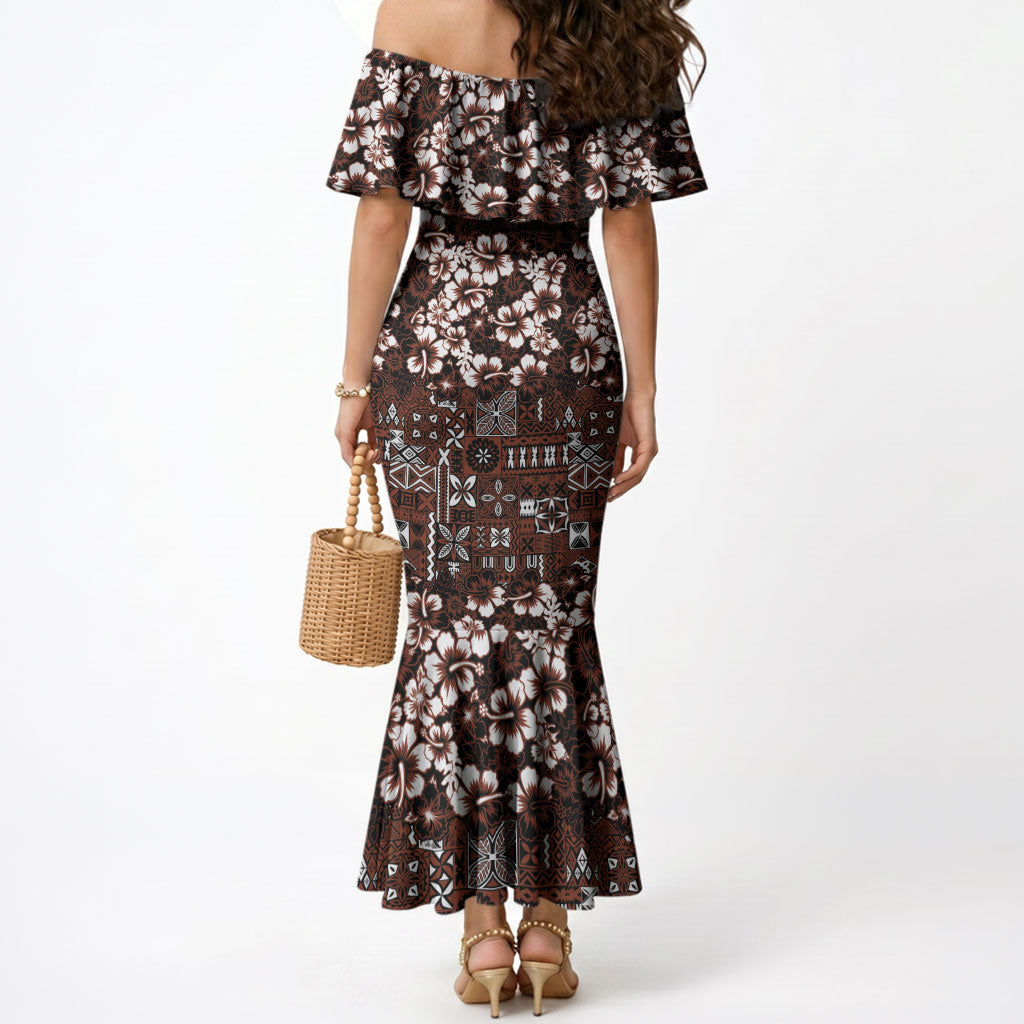 Burgundy Hawaiian Tapa Tribal Hibiscus Mermaid Dress