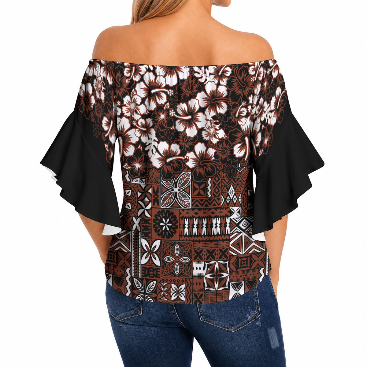 Burgundy Hawaiian Tapa Tribal Hibiscus Off Shoulder Wrap Waist Top LT9 - Polynesian Pride