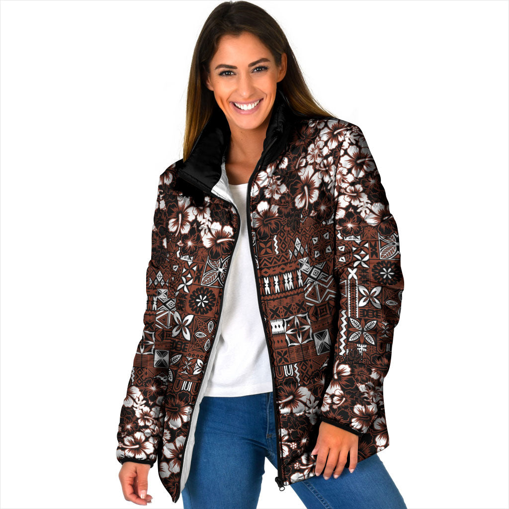 Burgundy Hawaiian Tapa Tribal Hibiscus Padded Jacket