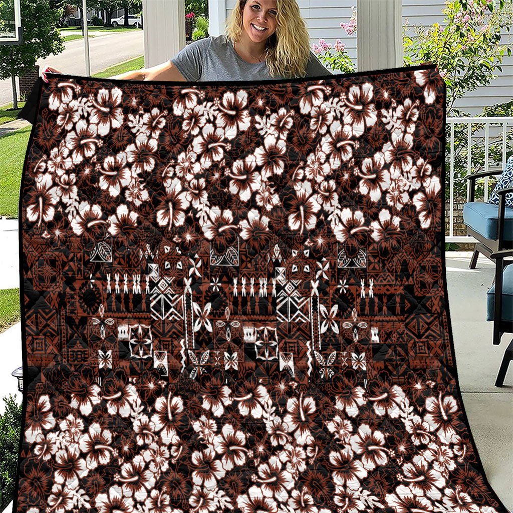Burgundy Hawaiian Tapa Tribal Hibiscus Quilt