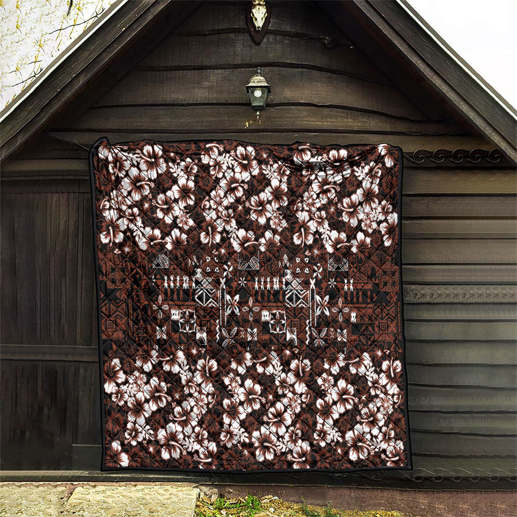 Burgundy Hawaiian Tapa Tribal Hibiscus Quilt