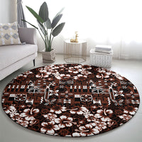 Burgundy Hawaiian Tapa Tribal Hibiscus Round Carpet