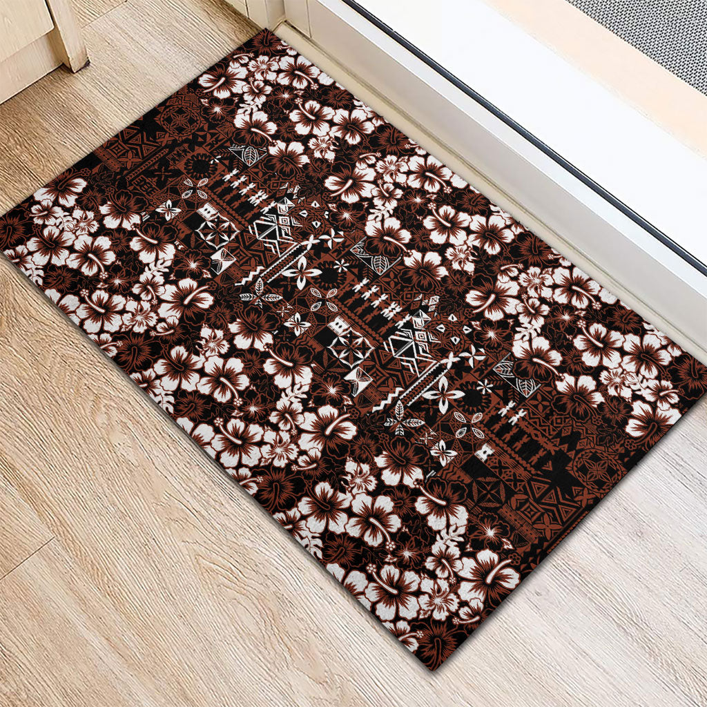 Burgundy Hawaiian Tapa Tribal Hibiscus Rubber Doormat