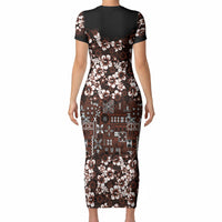 Burgundy Hawaiian Tapa Tribal Hibiscus Short Sleeve Bodycon Dress