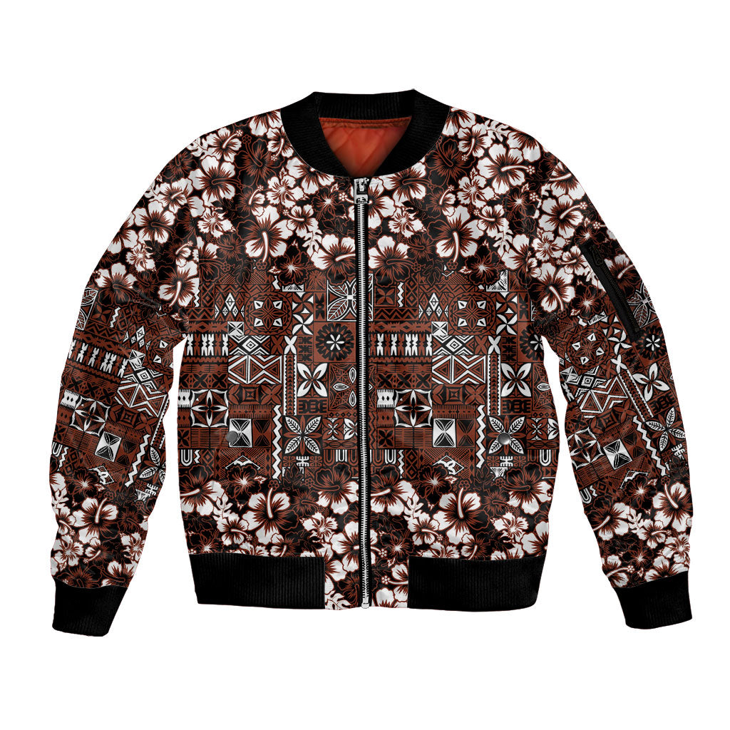 Burgundy Hawaiian Tapa Tribal Hibiscus Sleeve Zip Bomber Jacket