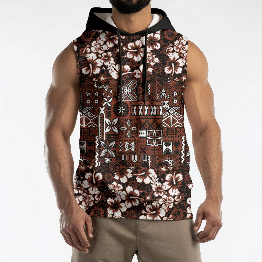 Burgundy Hawaiian Tapa Tribal Hibiscus Sleeveless Hoodie