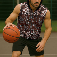 Burgundy Hawaiian Tapa Tribal Hibiscus Sleeveless Zip Hoodie