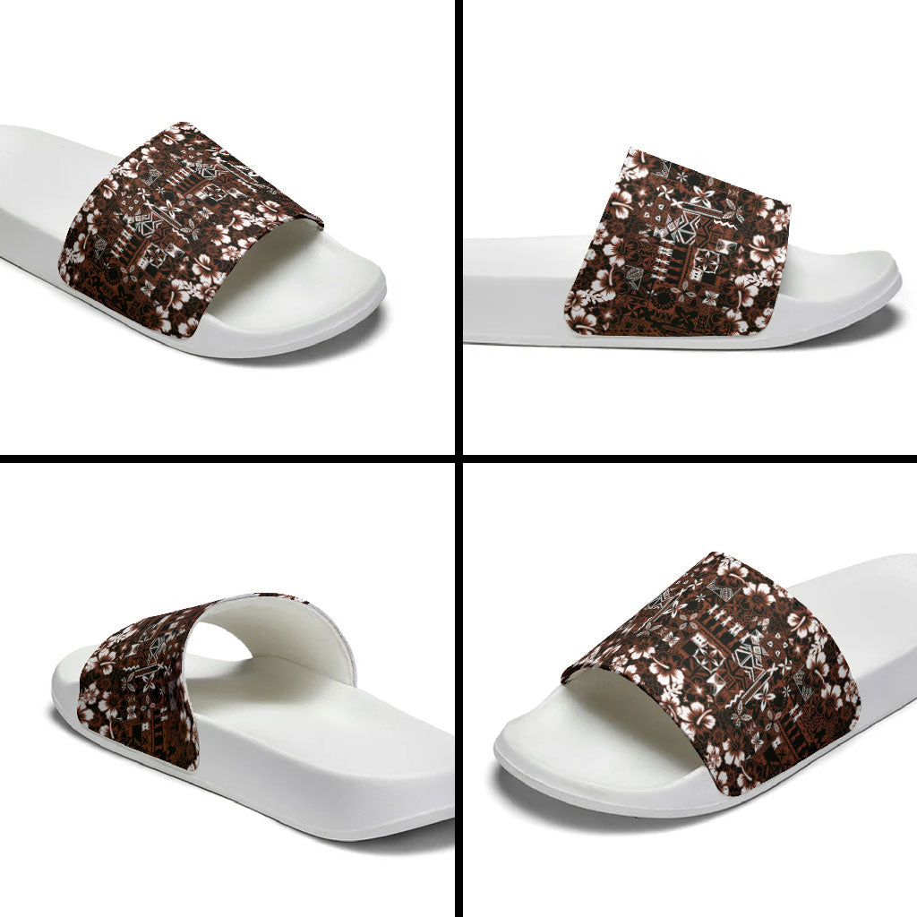 Burgundy Hawaiian Tapa Tribal Hibiscus Slide Sandals