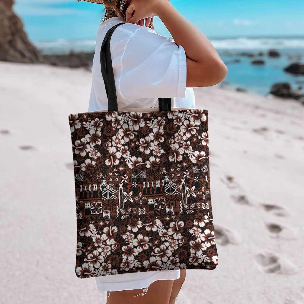 Burgundy Hawaiian Tapa Tribal Hibiscus Tote Bag