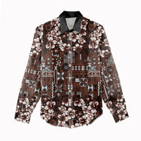 Burgundy Hawaiian Tapa Tribal Hibiscus Women Casual Shirt