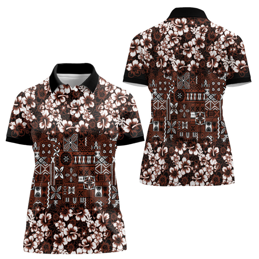 Burgundy Hawaiian Tapa Tribal Hibiscus Women Polo Shirt