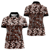 Burgundy Hawaiian Tapa Tribal Hibiscus Women Polo Shirt