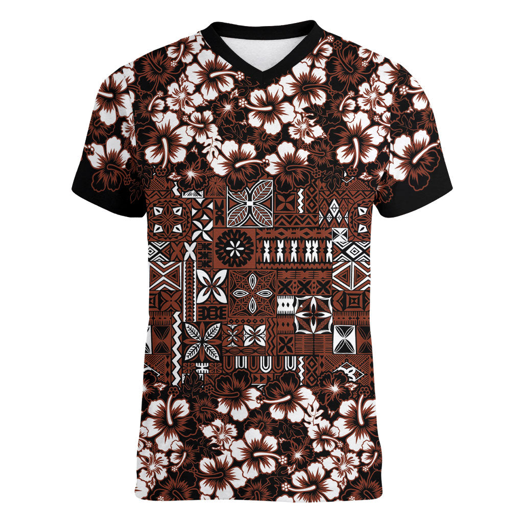 Burgundy Hawaiian Tapa Tribal Hibiscus Women V-Neck T-Shirt