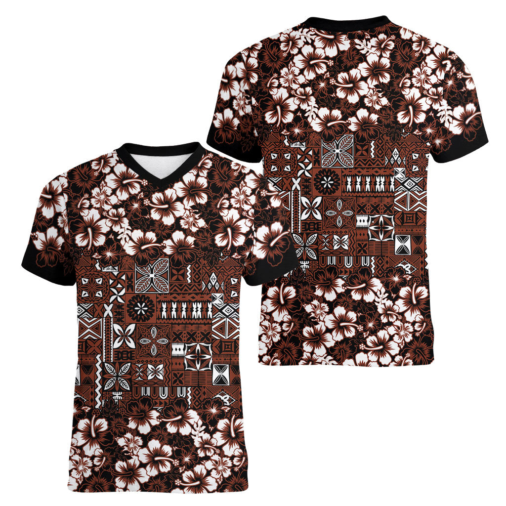 Burgundy Hawaiian Tapa Tribal Hibiscus Women V-Neck T-Shirt