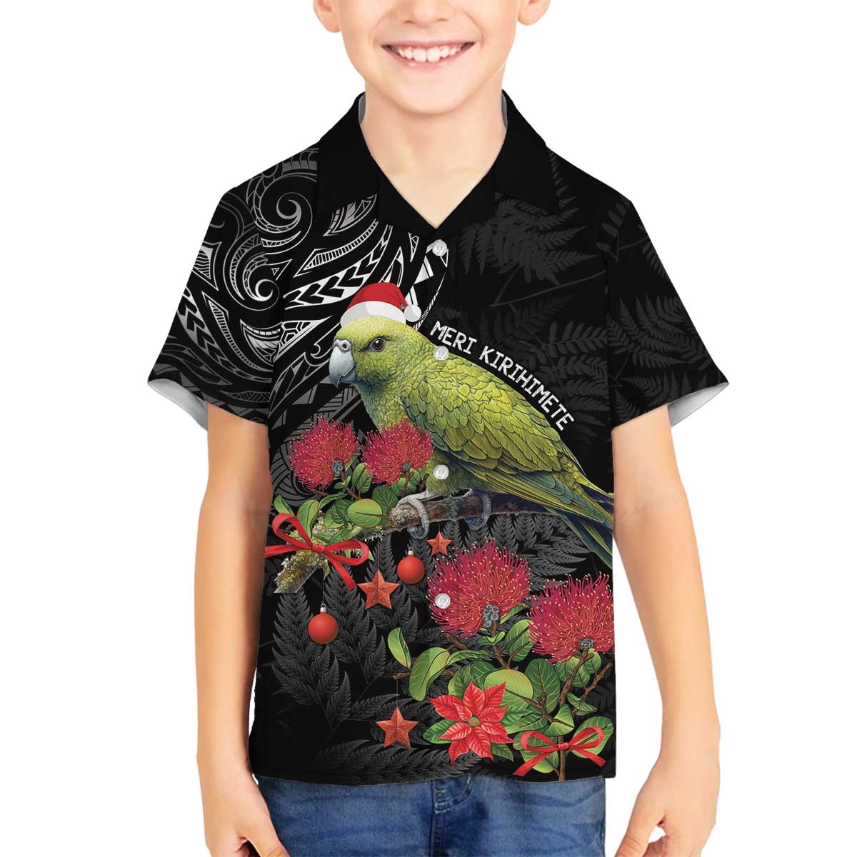 Meri Kirihimete Kakapo Family Matching Off The Shoulder Long Sleeve Dress and Hawaiian Shirt Black Silver Fern Christmas Vibe LT9 Son's Shirt Black - Polynesian Pride