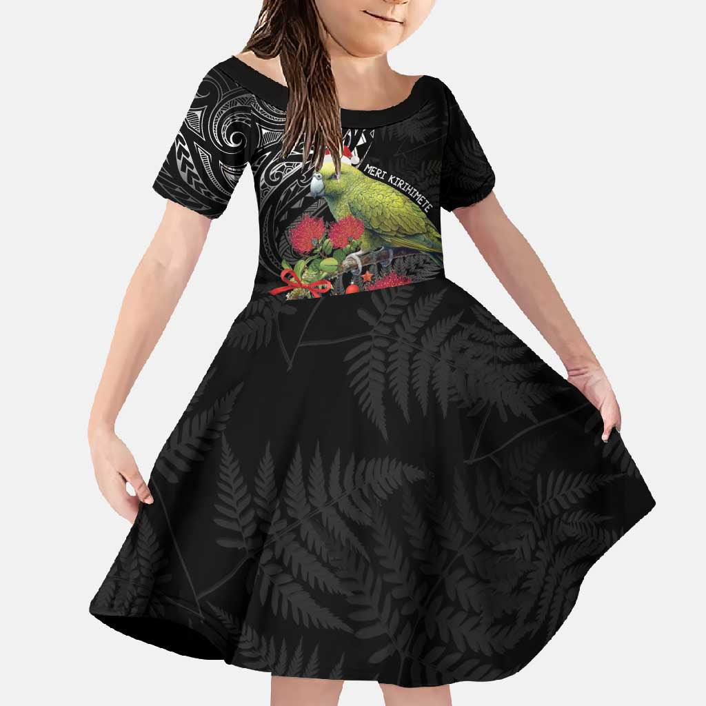 Meri Kirihimete Kakapo Family Matching Tank Maxi Dress and Hawaiian Shirt Black Silver Fern Christmas Vibe LT9 Daughter's Dress Black - Polynesian Pride