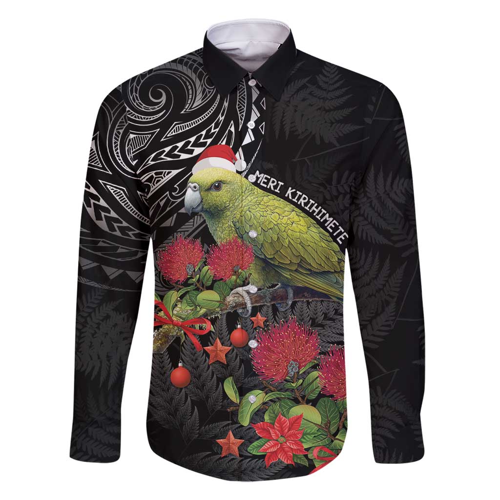 Meri Kirihimete Kakapo Family Matching Tank Maxi Dress and Hawaiian Shirt Black Silver Fern Christmas Vibe LT9 Dad's Shirt - Long Sleeve Black - Polynesian Pride