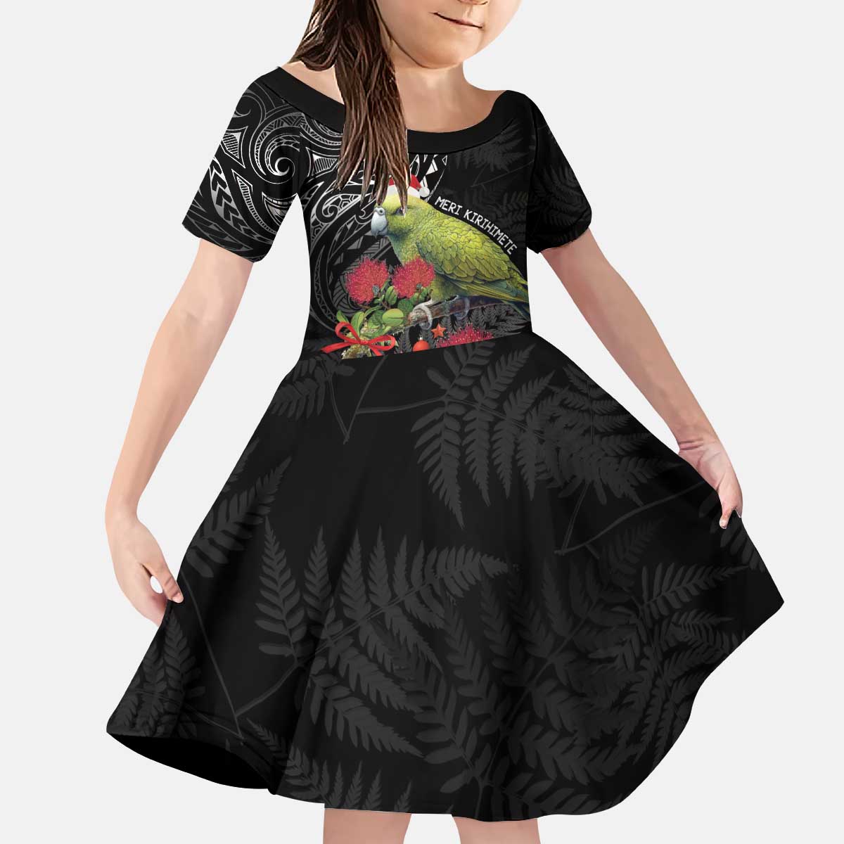 Meri Kirihimete Kakapo Kid Short Sleeve Dress Black Silver Fern Christmas Vibe