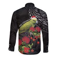 Meri Kirihimete Kakapo Long Sleeve Button Shirt Black Silver Fern Christmas Vibe