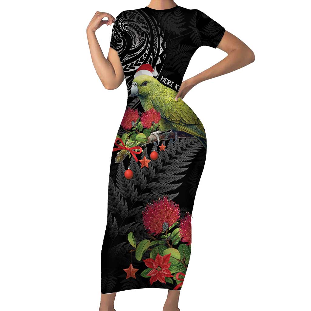 Meri Kirihimete Kakapo Short Sleeve Bodycon Dress Black Silver Fern Christmas Vibe LT9 Long Dress Black - Polynesian Pride