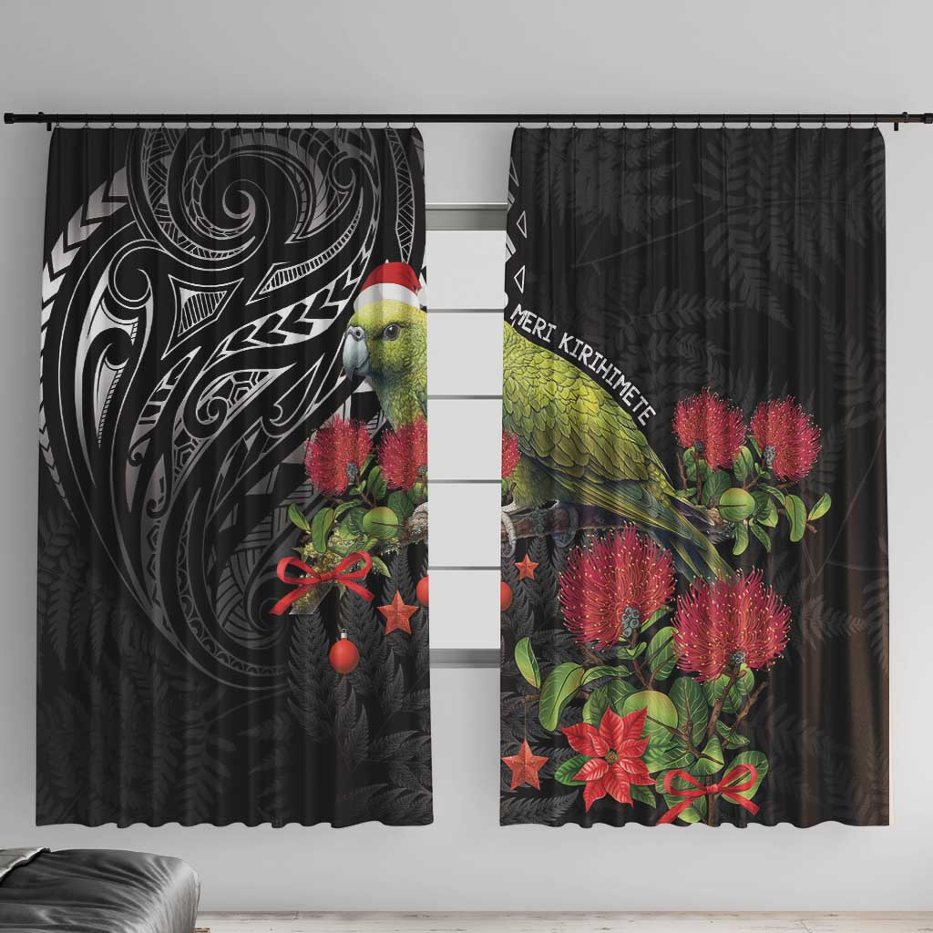 Meri Kirihimete Kakapo Window Curtain Black Silver Fern Christmas Vibe