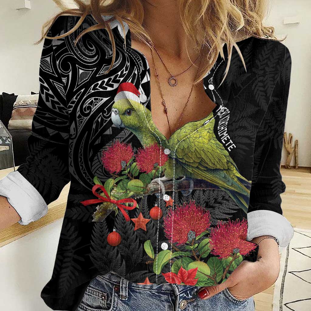 Meri Kirihimete Kakapo Women Casual Shirt Black Silver Fern Christmas Vibe
