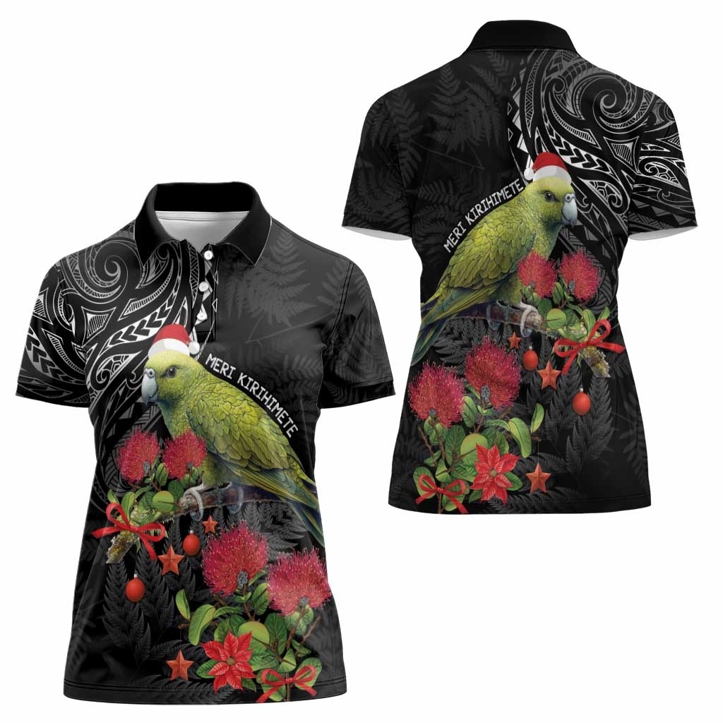 Meri Kirihimete Kakapo Women Polo Shirt Black Silver Fern Christmas Vibe