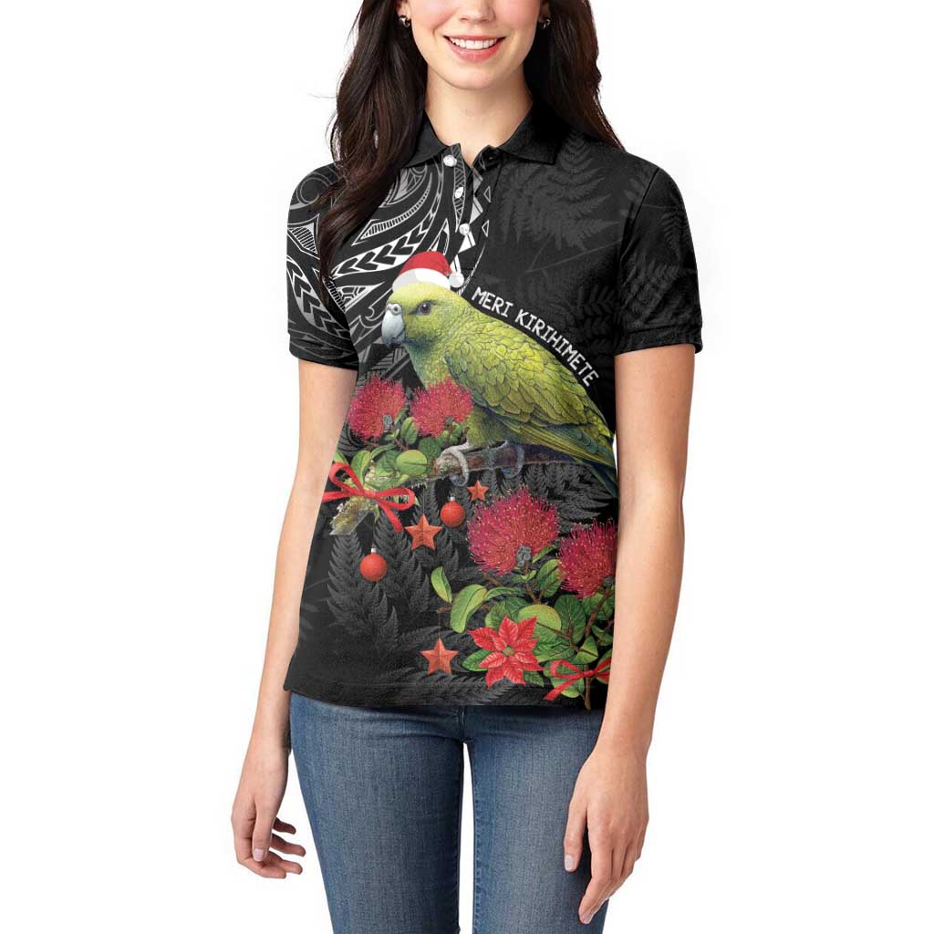 Meri Kirihimete Kakapo Women Polo Shirt Black Silver Fern Christmas Vibe