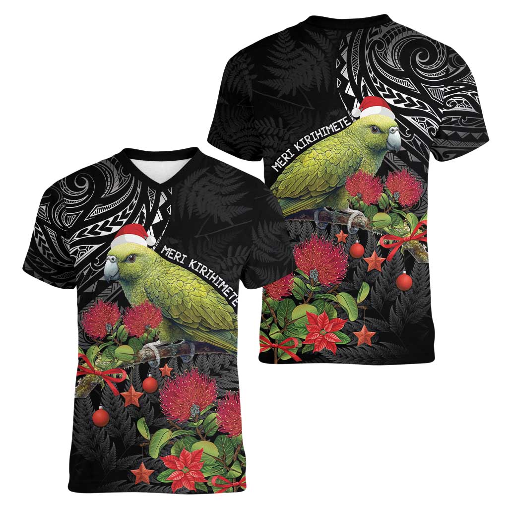 Meri Kirihimete Kakapo Women V-Neck T-Shirt Black Silver Fern Christmas Vibe