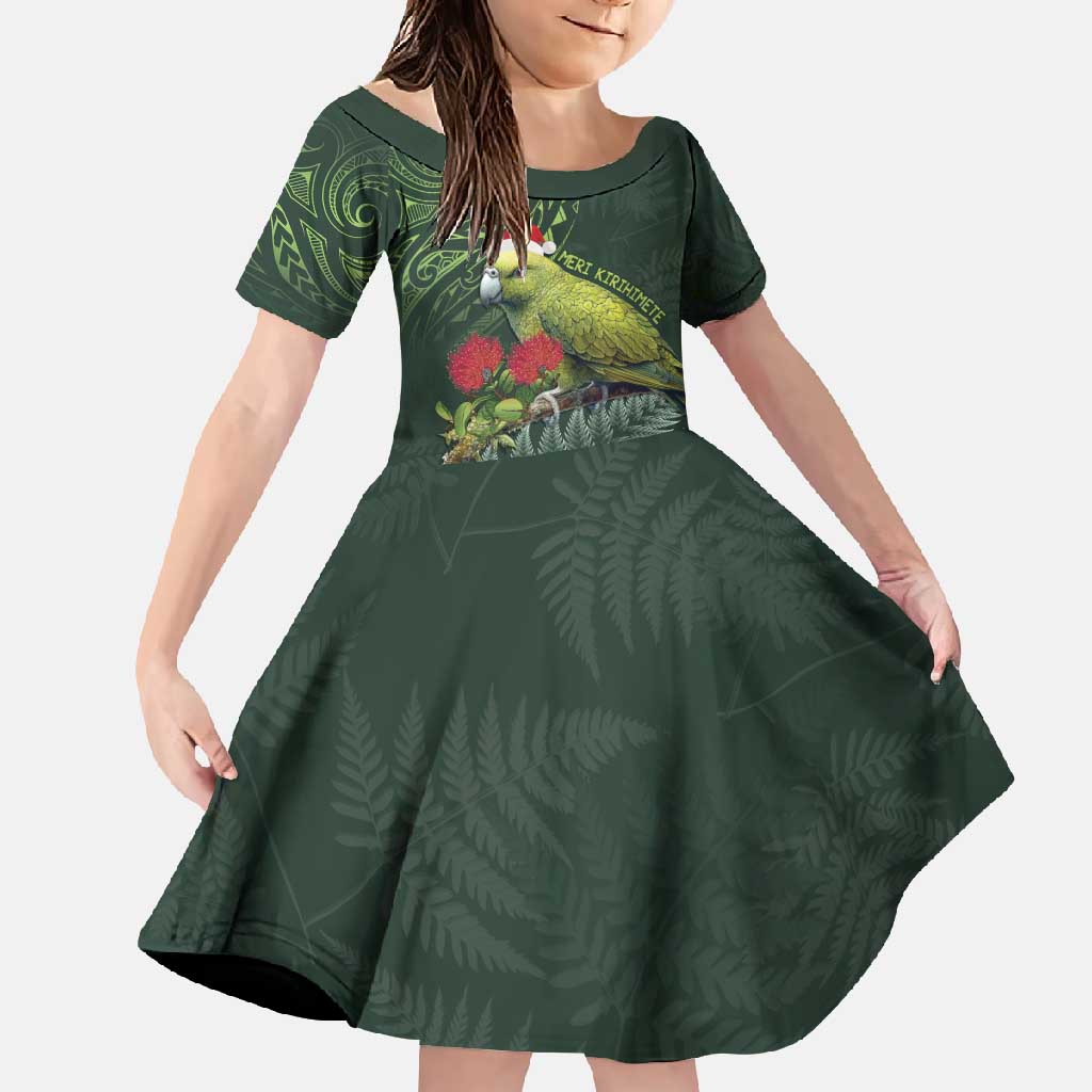 Meri Kirihimete Kakapo Family Matching Tank Maxi Dress and Hawaiian Shirt Green Silver Fern Christmas Vibe LT9 Daughter's Dress Green - Polynesian Pride