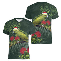 Meri Kirihimete Kakapo Women V-Neck T-Shirt Green Silver Fern Christmas Vibe