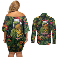 Meri Kirihimete Kakapo Couples Matching Off Shoulder Short Dress and Long Sleeve Button Shirt New Zealand Christmas with Tropical Vibe