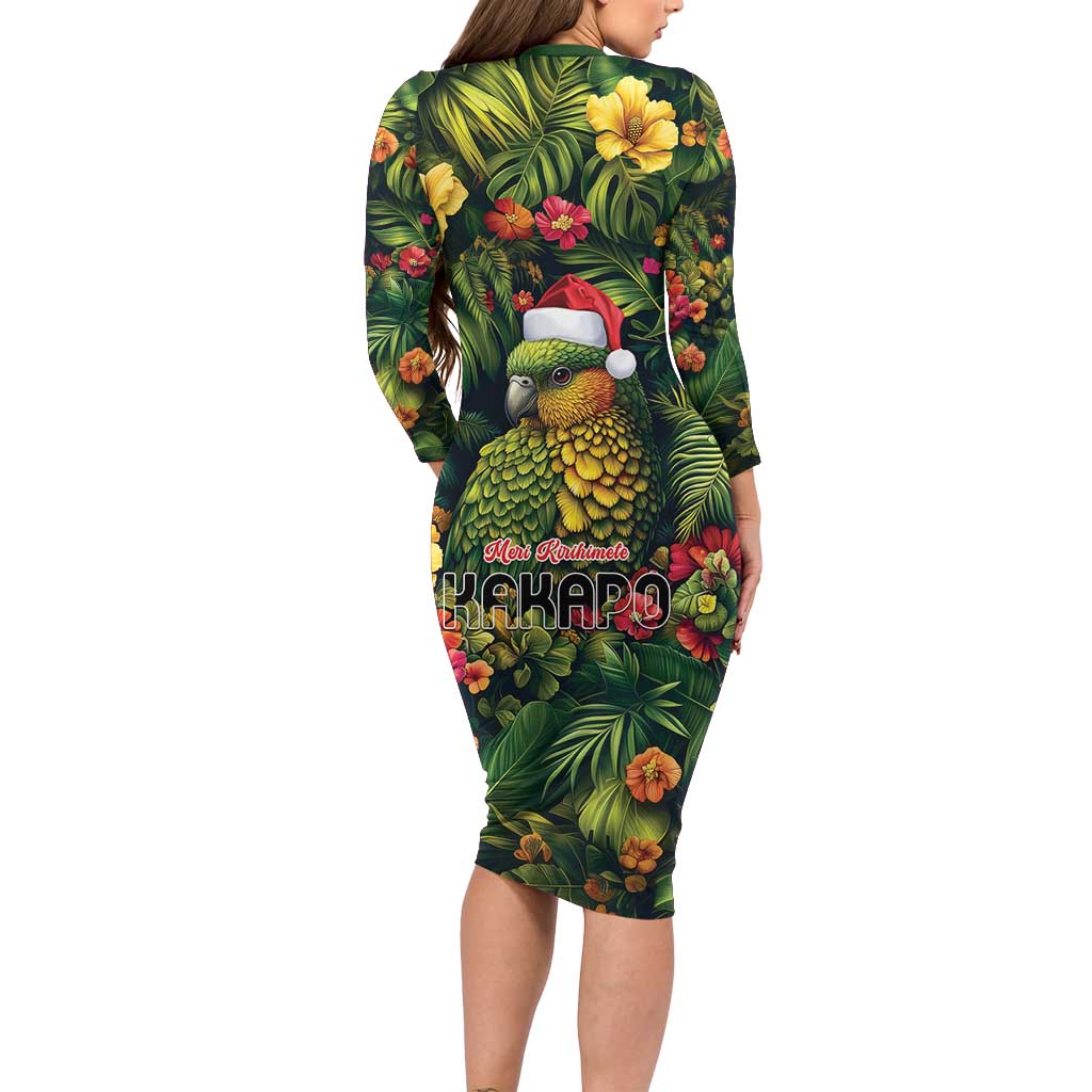 Meri Kirihimete Kakapo Family Matching Long Sleeve Bodycon Dress and Hawaiian Shirt New Zealand Christmas with Tropical Vibe