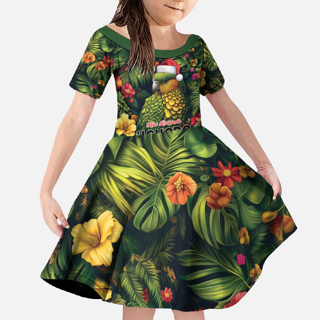 Meri Kirihimete Kakapo Family Matching Mermaid Dress and Hawaiian Shirt New Zealand Christmas with Tropical Vibe LT9 Daughter's Dress Green - Polynesian Pride