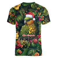 Meri Kirihimete Kakapo Women V-Neck T-Shirt New Zealand Christmas with Tropical Vibe