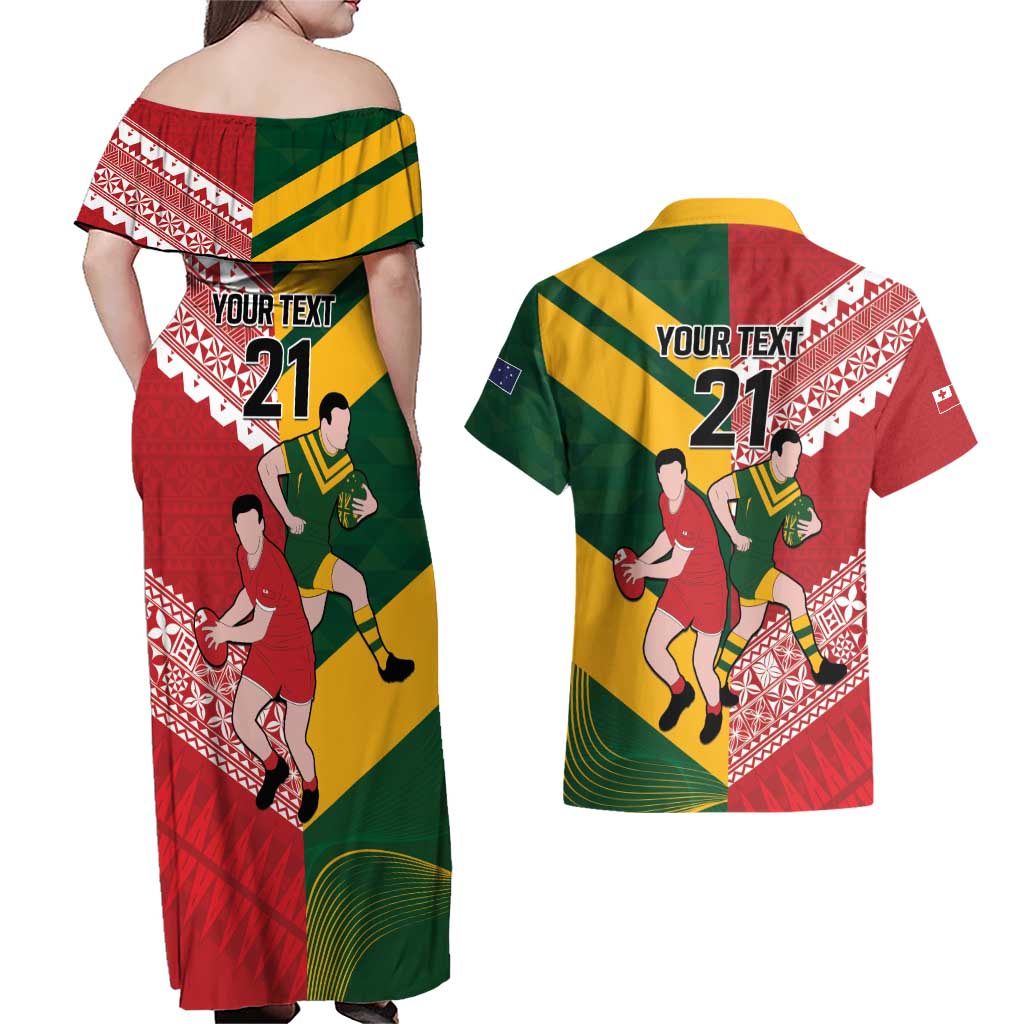 Australia-Tonga Rugby Pacific Custom Couples Matching Off Shoulder Maxi Dress and Hawaiian Shirt The Kangaroos and Mate Ma'a Tonga