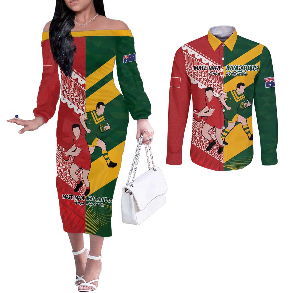 Australia-Tonga Rugby Pacific Custom Couples Matching Off The Shoulder Long Sleeve Dress and Long Sleeve Button Shirt The Kangaroos and Mate Ma'a Tonga