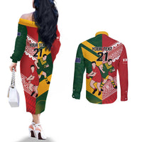 Australia-Tonga Rugby Pacific Custom Couples Matching Off The Shoulder Long Sleeve Dress and Long Sleeve Button Shirt The Kangaroos and Mate Ma'a Tonga