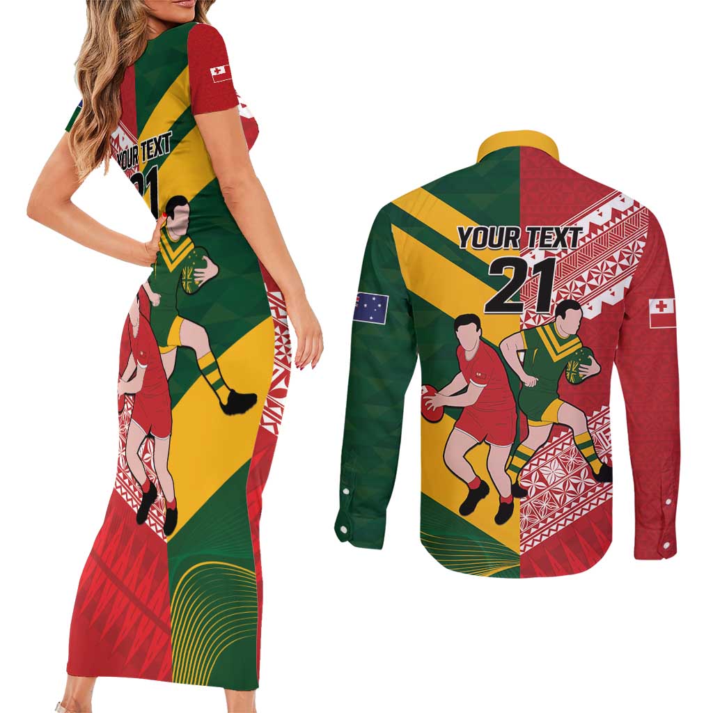 Australia-Tonga Rugby Pacific Custom Couples Matching Short Sleeve Bodycon Dress and Long Sleeve Button Shirt The Kangaroos and Mate Ma'a Tonga